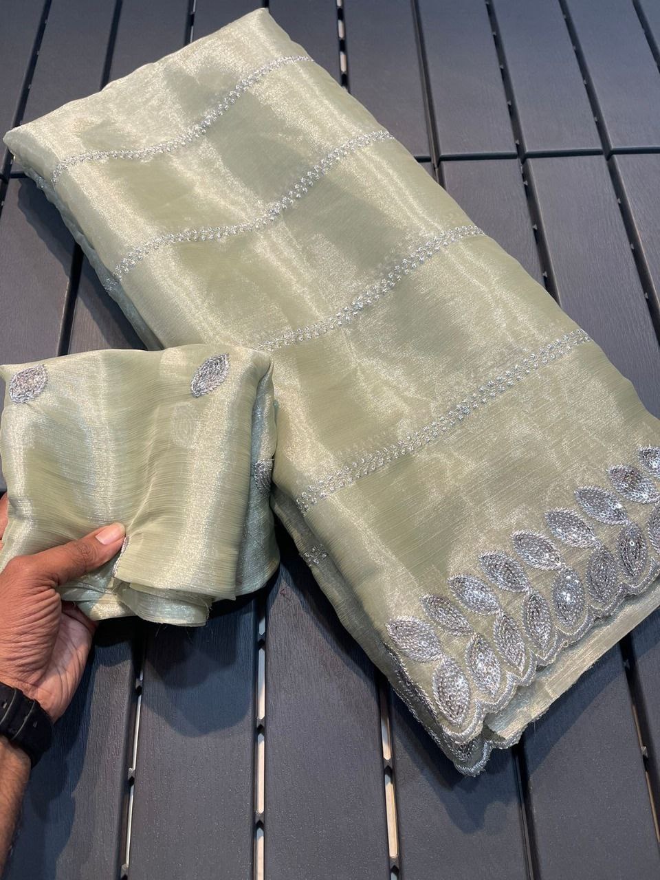 Pista Green Zimmy Chu Work Saree