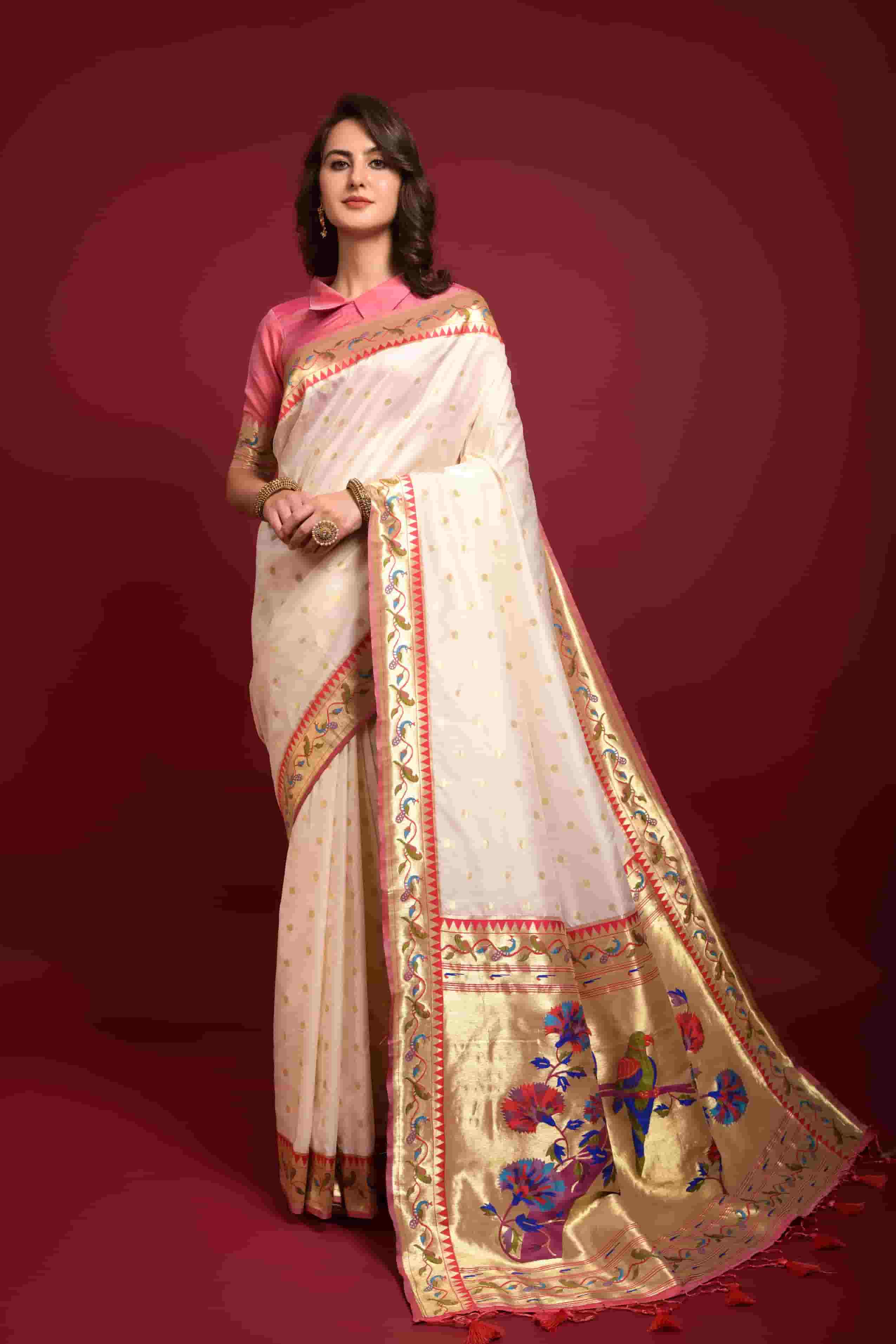 White Color Soft Silk Paithani Saree