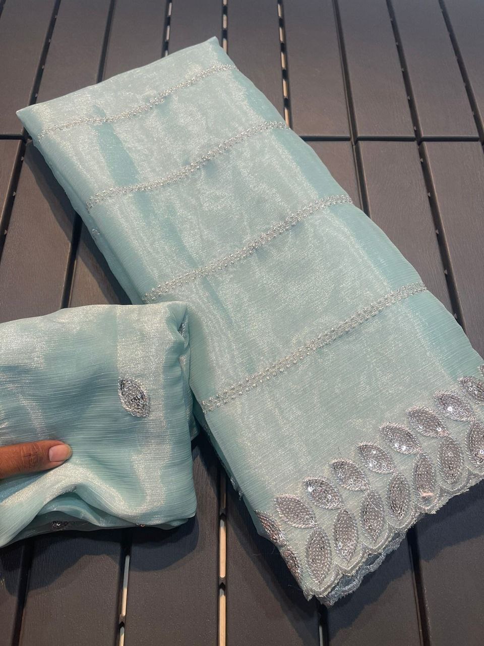 Sky Blue Zimmy Chu Work Saree