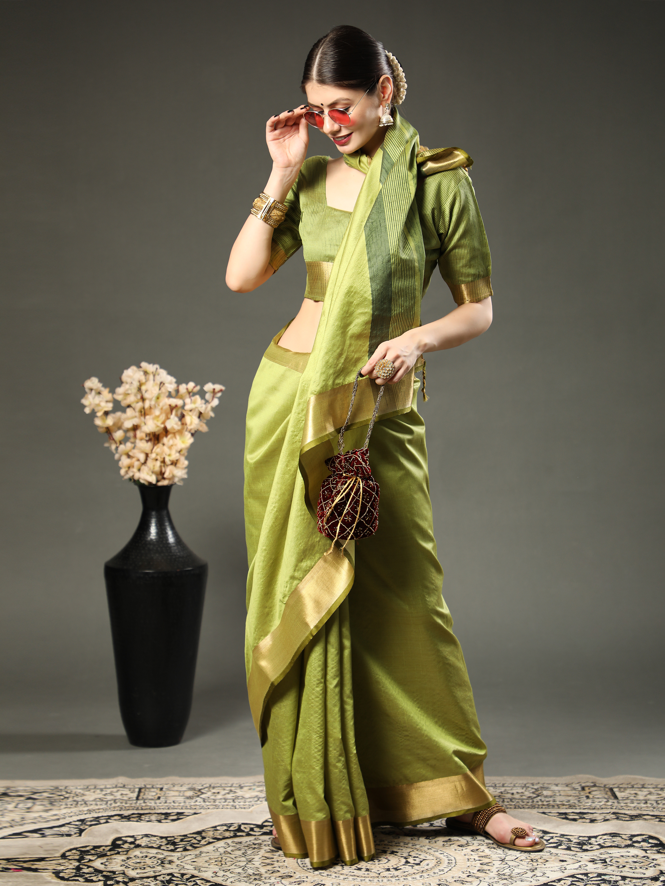 Green Color Zari Border Cotton Silk saree