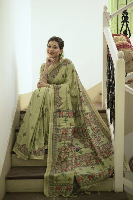 Pista Green Tussar Silk Printed Saree