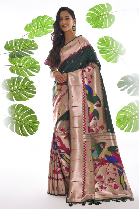 Bottle Green Color Paithani Silk Saree