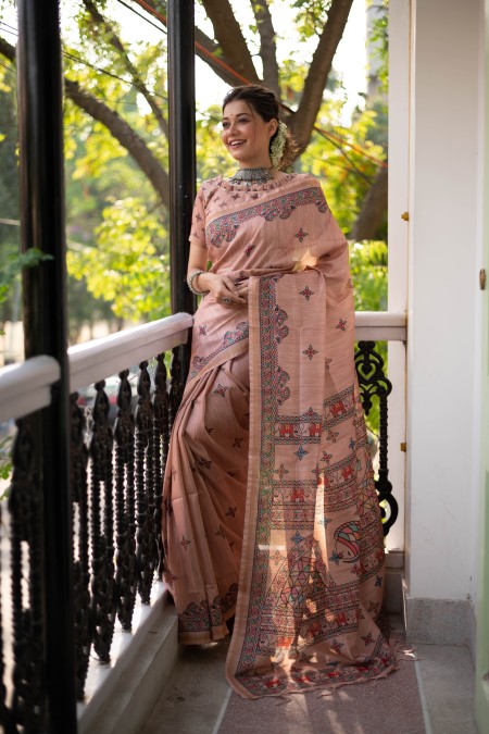 Peach color Tussar Silk Saree