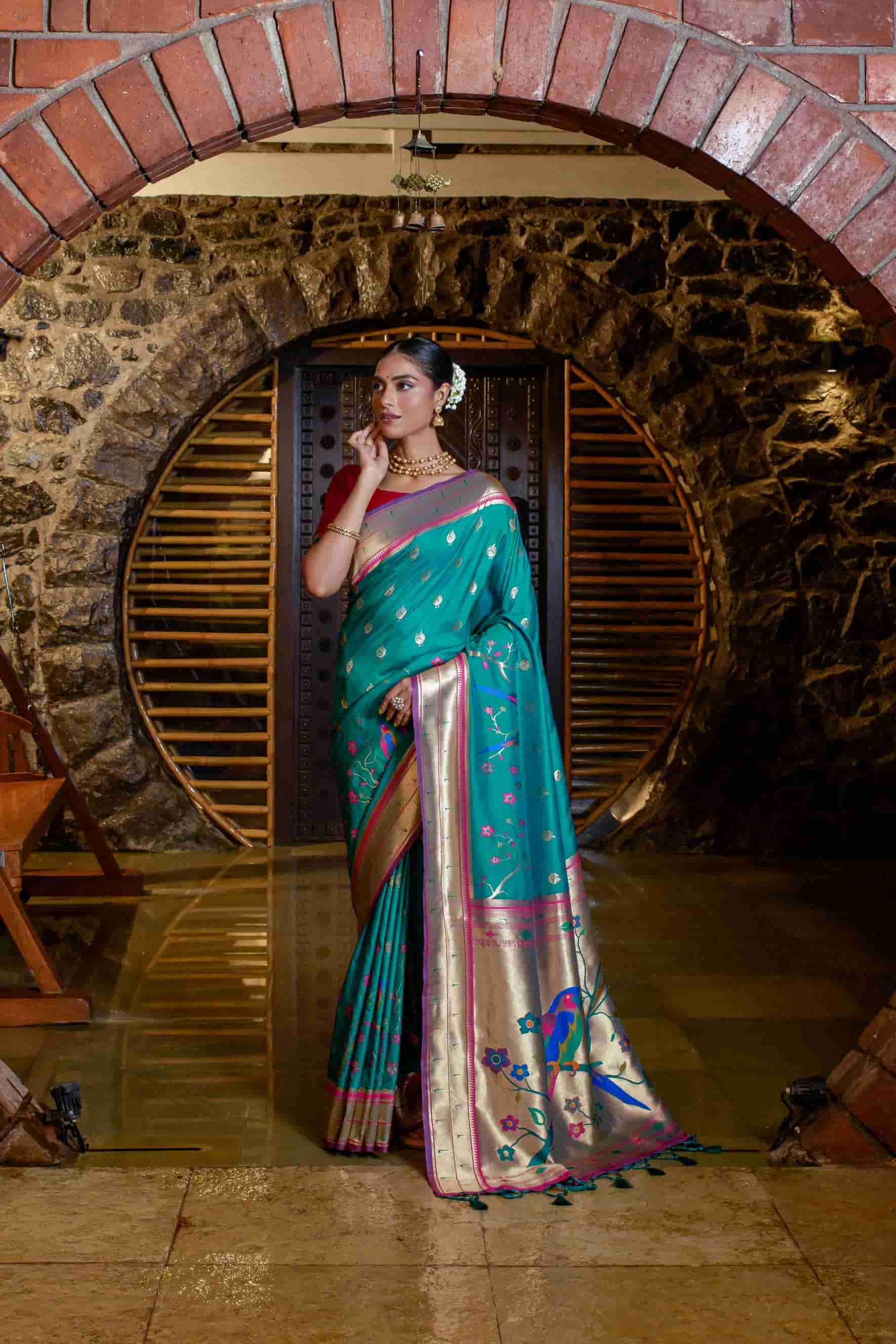 Bottle Green Woven Paithani Silk Saree