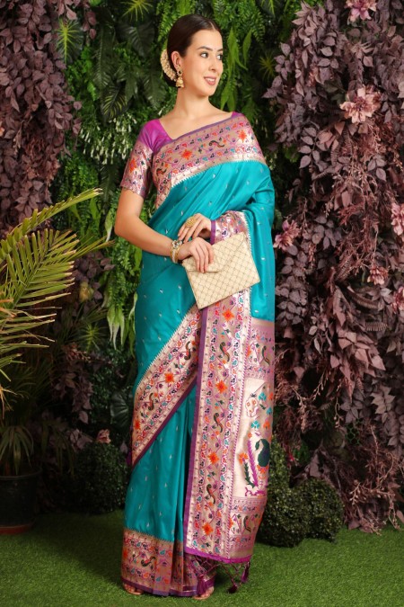 Sky Blue Soft Silk Paithani Saree