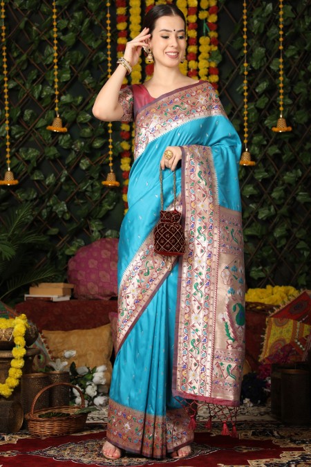 Rama Color Soft Silk Paithani saree