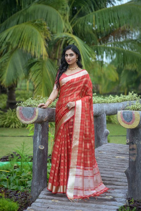 Red Organza Zari Border saree