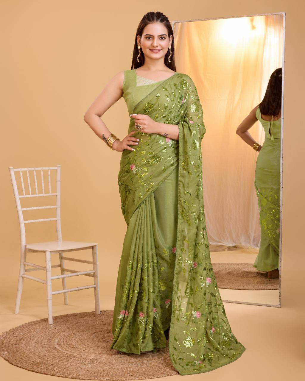 Bottle Green Color Organza Sequence Work Saree
