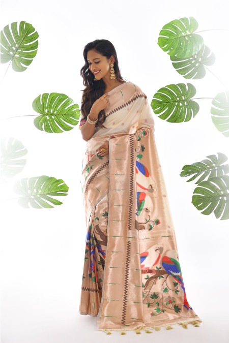 White Woven Paithani silk Saree