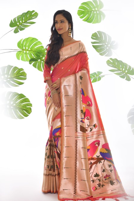 Peach color Paithani Silk Saree