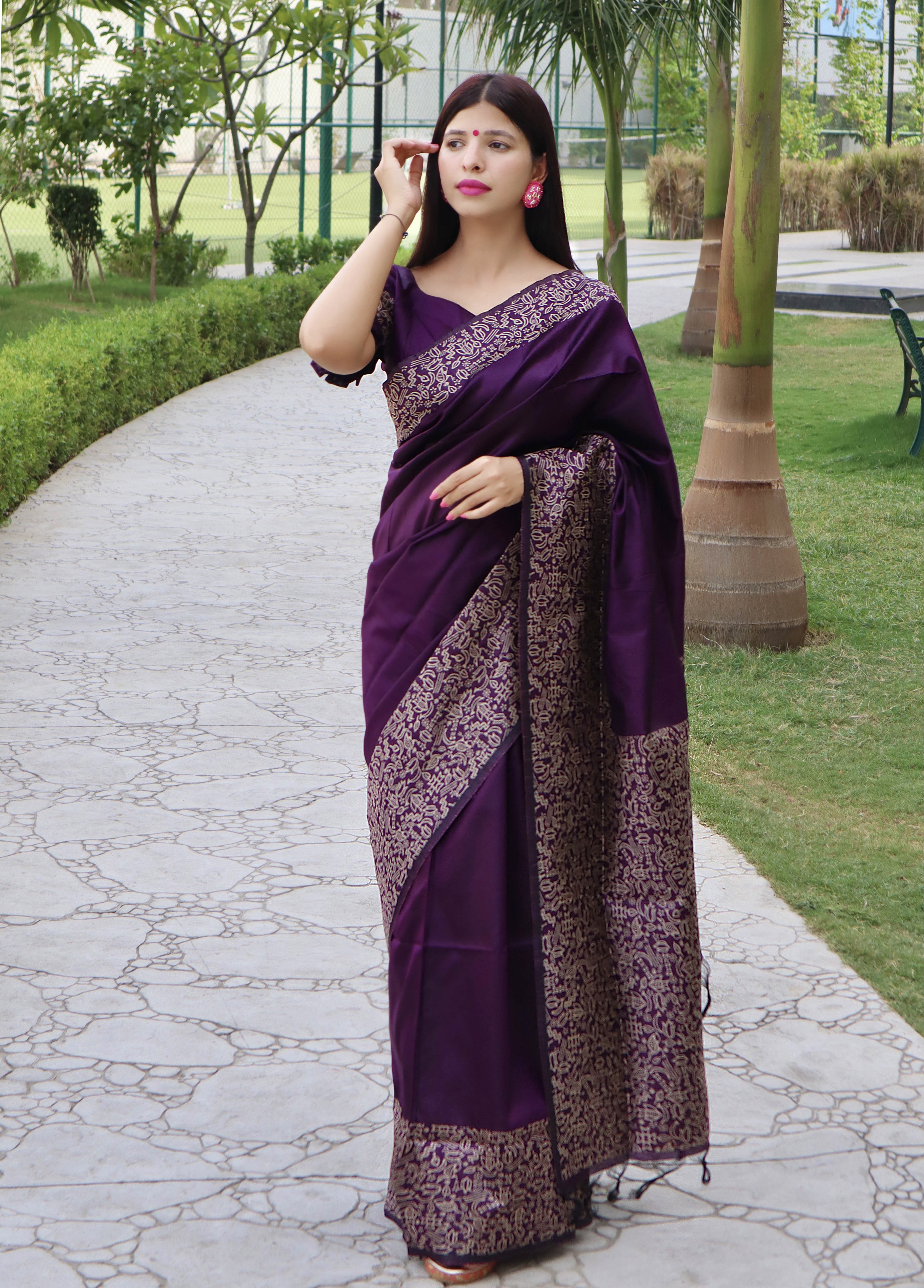 Purple Handloom raw Silk Saree