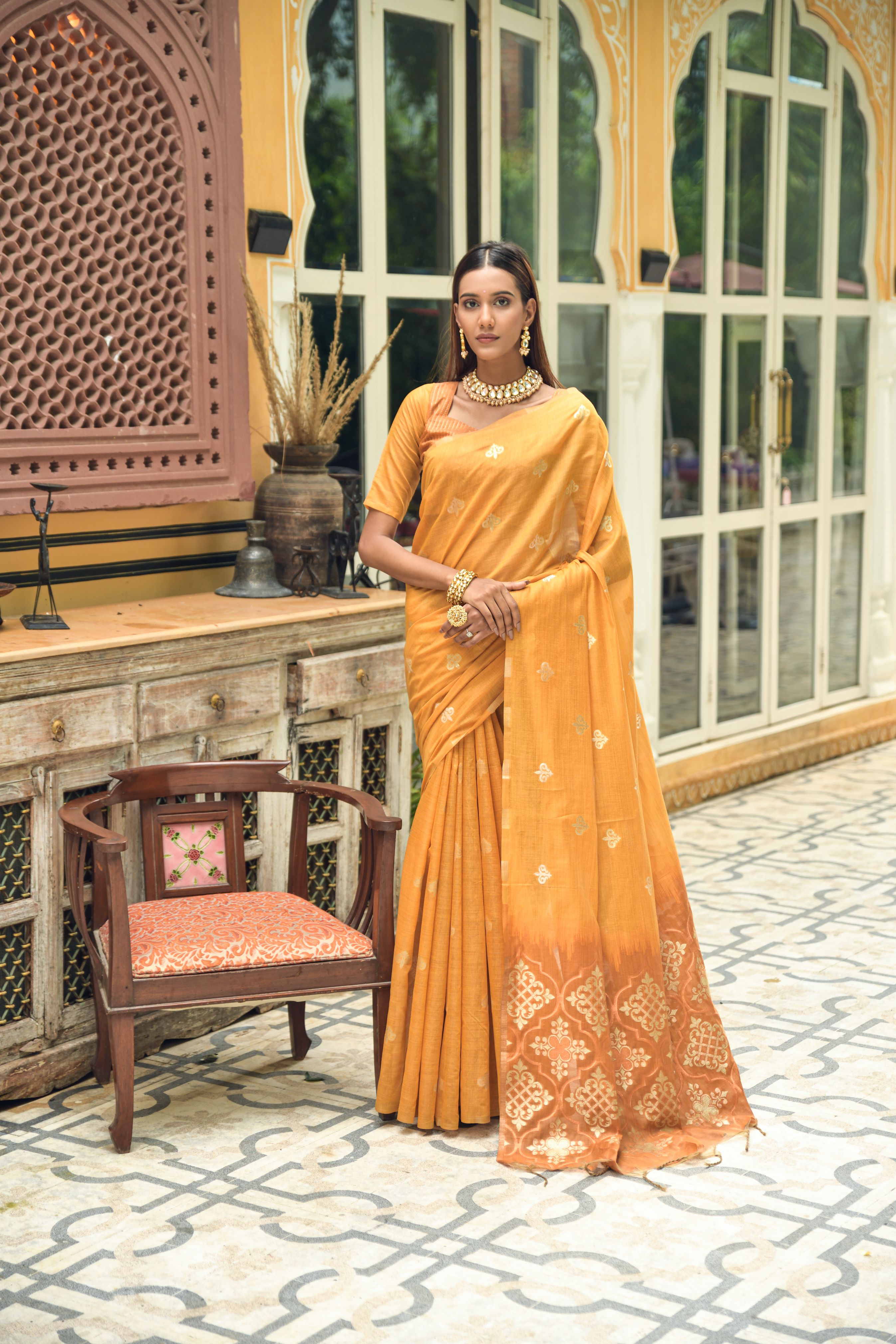 Yellow Color Chanderi Cotton Saree