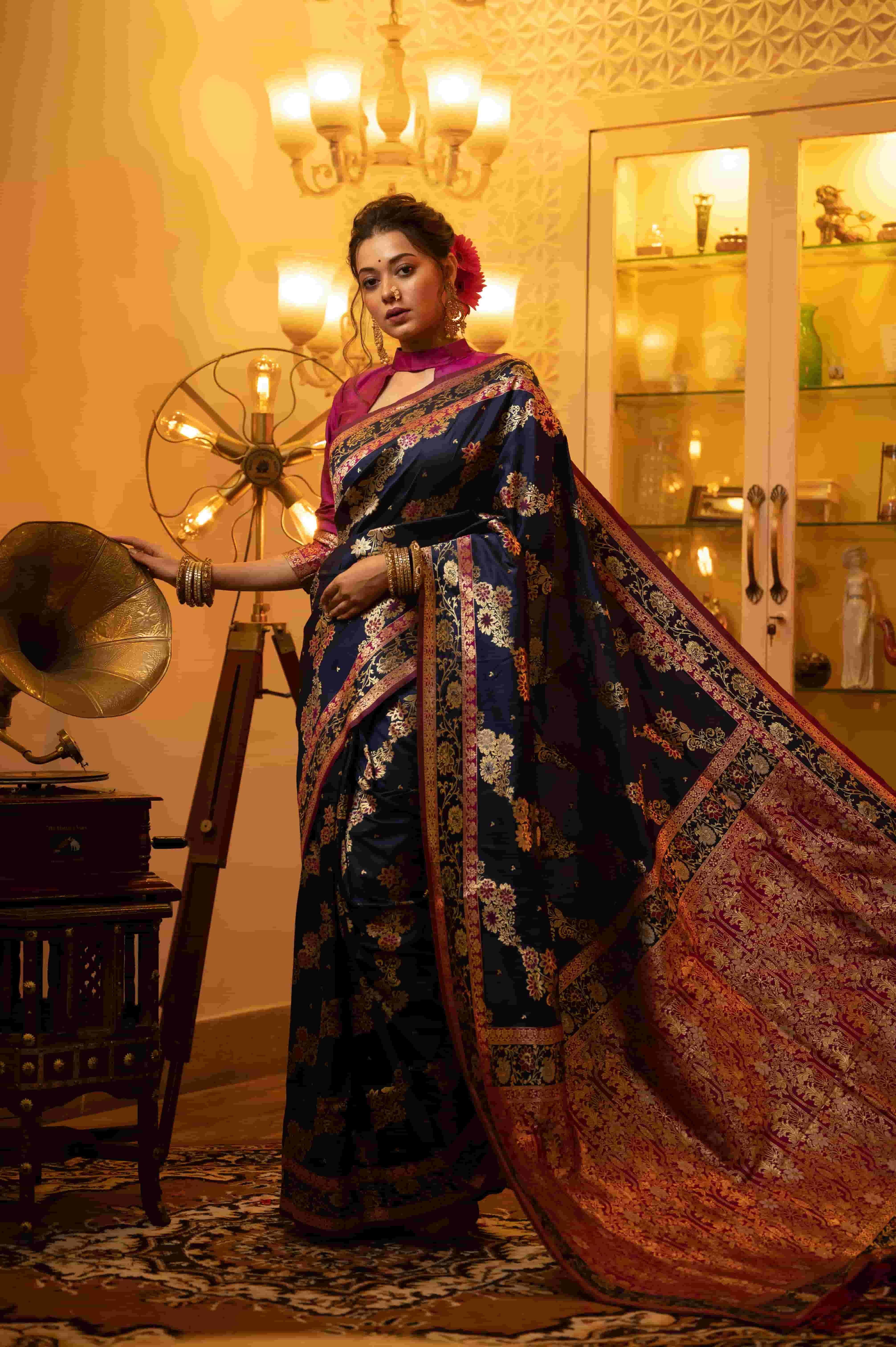 Navy Blue Banarasi Silk Saree