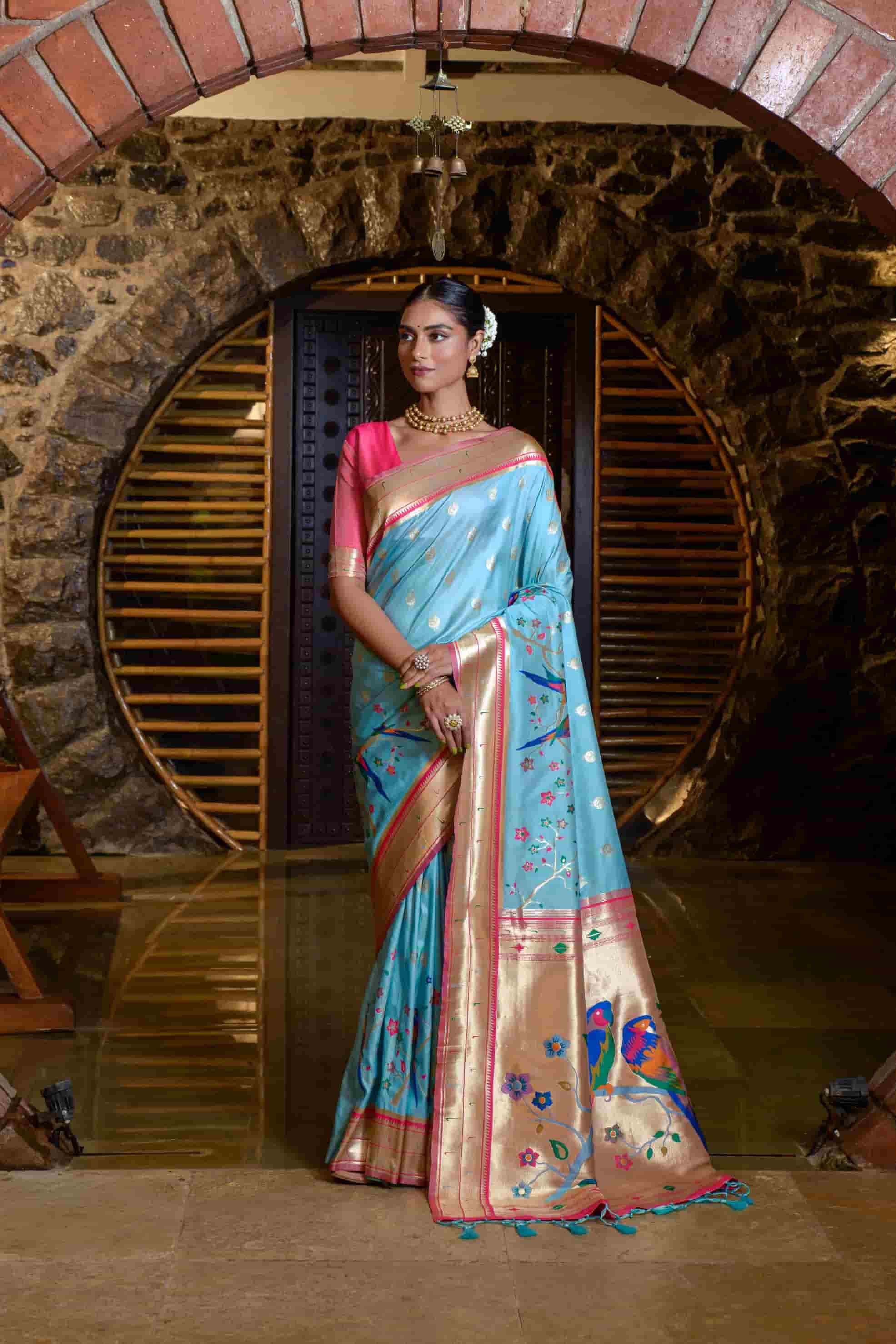 Sky Blue Soft Silk paithani Saree