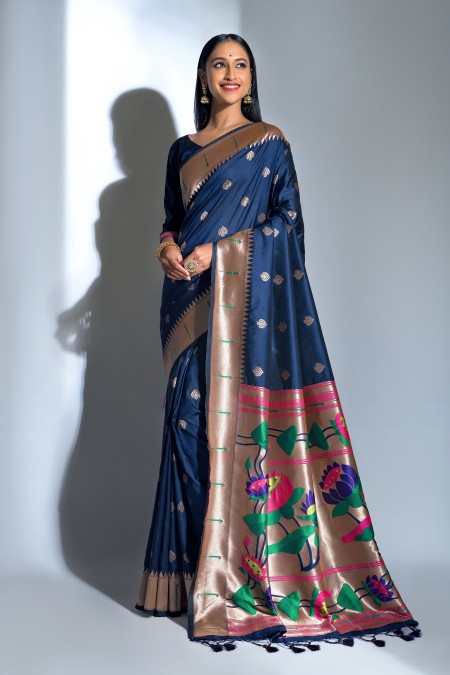 Navy Blue Woven Paithani Silk Saree