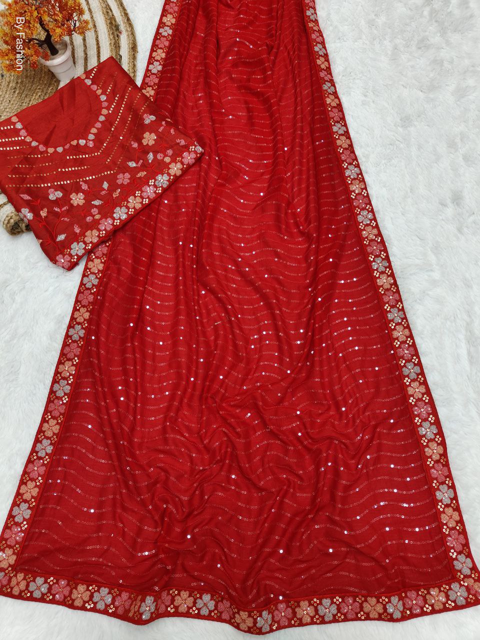 Red Sequence Work Saree