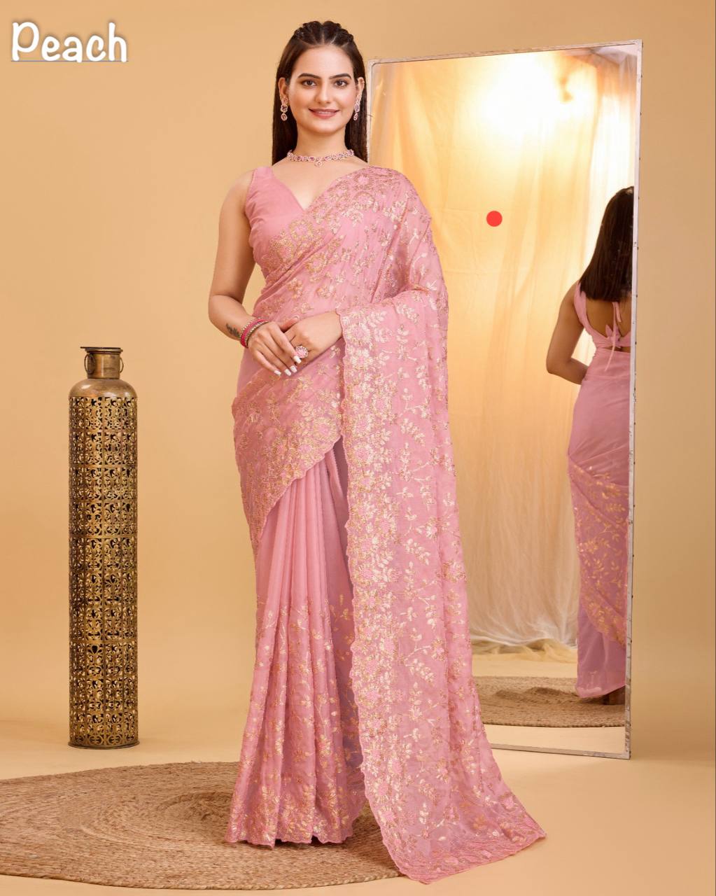 Peach Color Organza Sequence Work Saree