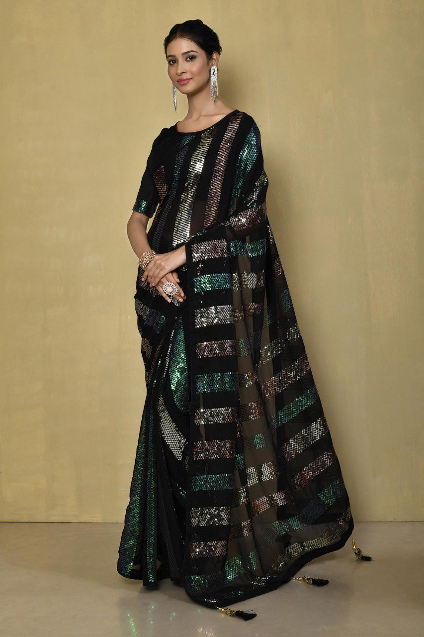 Black Sequence Work Georgette Saree