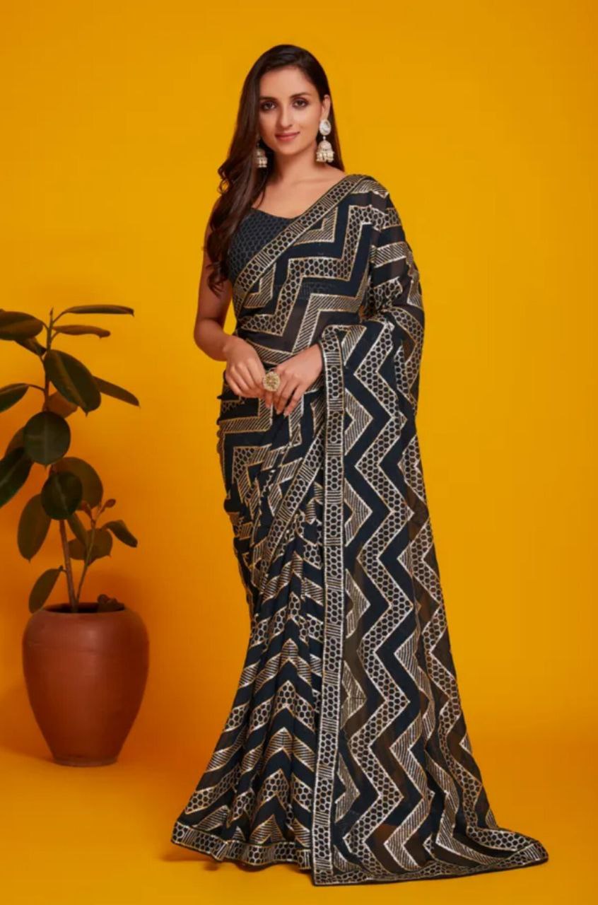 Black Color Georgette Sequence Work Saree