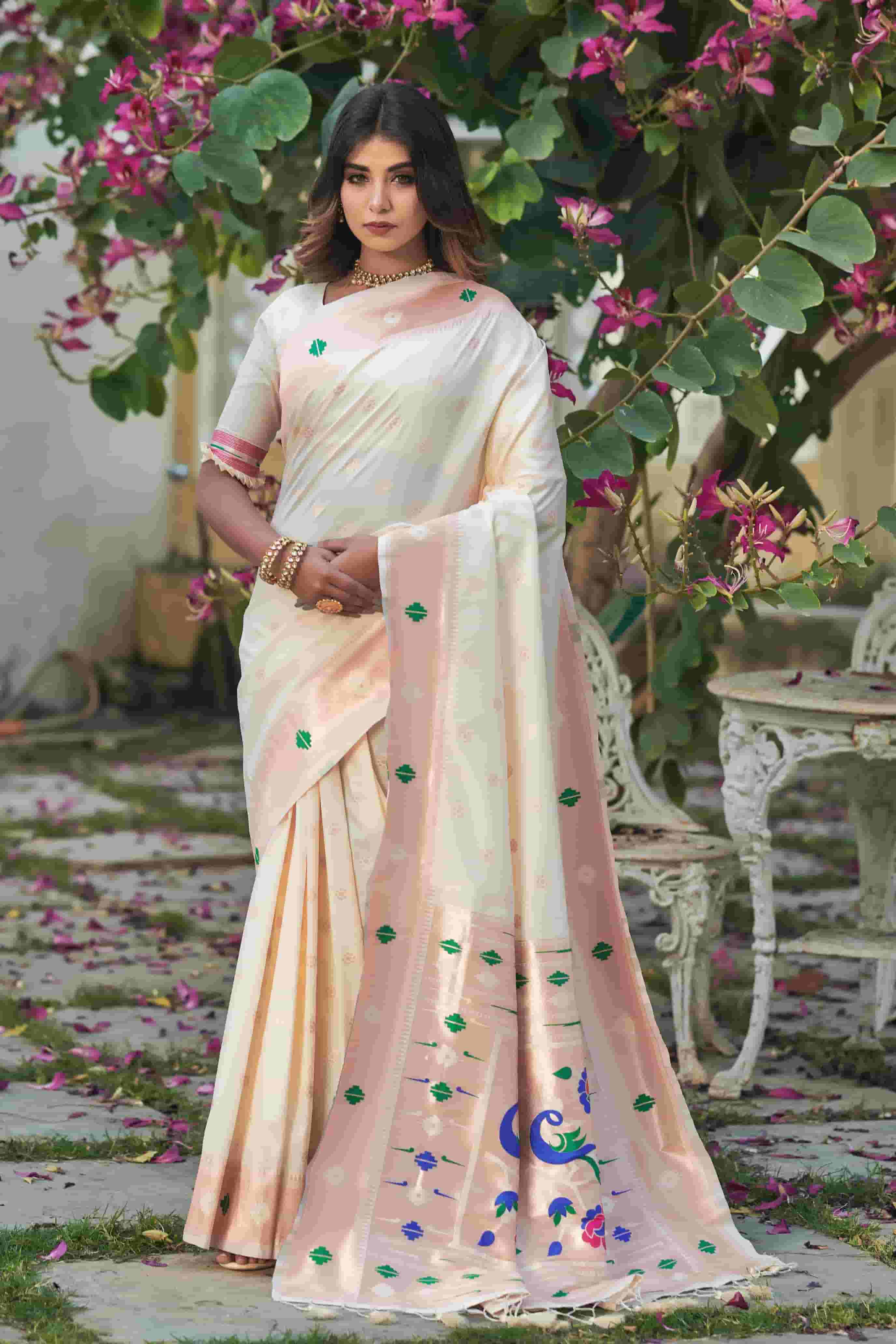 White Soft Silk Paithani Silk Saree