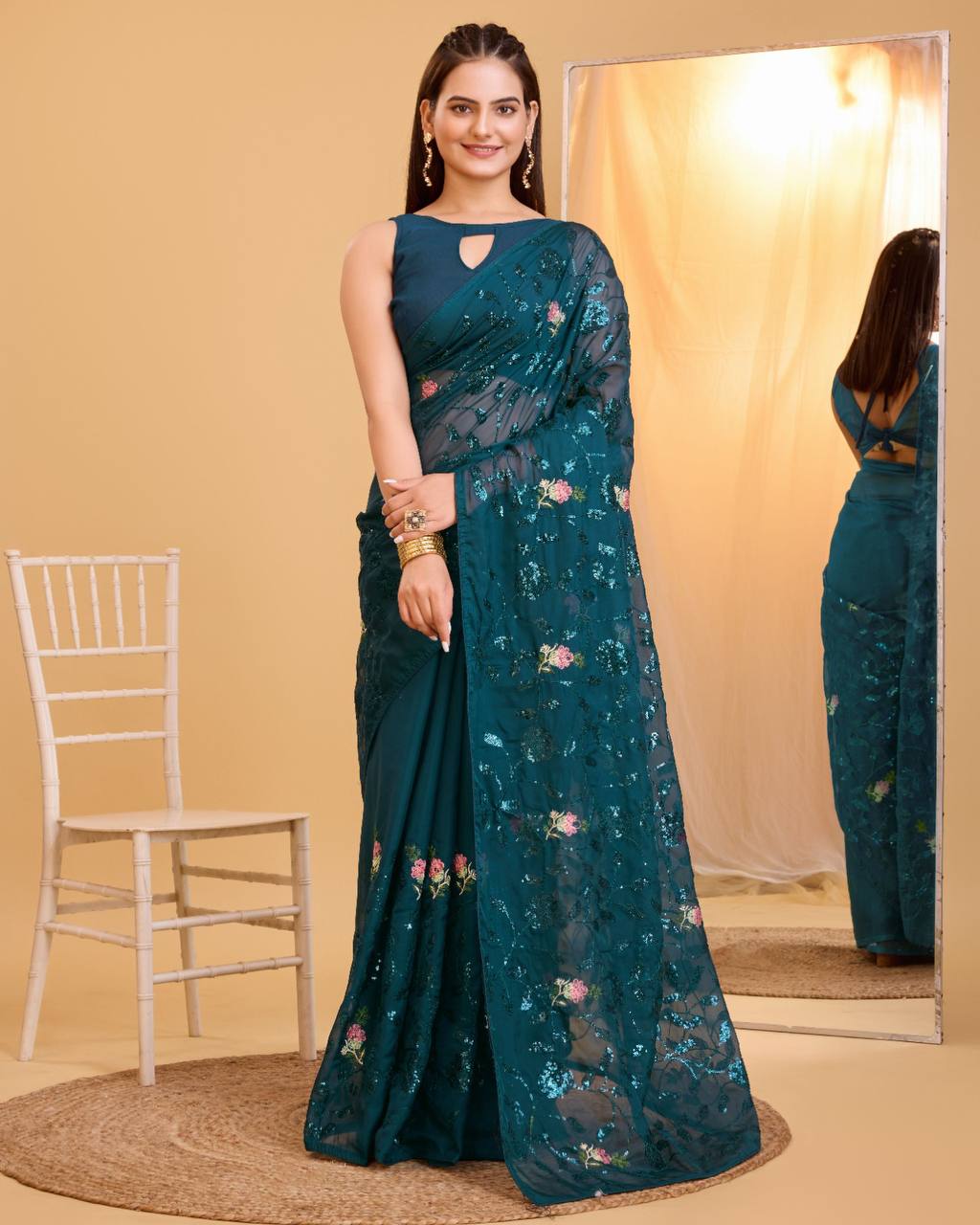 Navy Blue Color Organza Sequence Work Saree