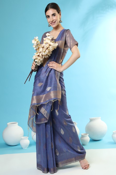 Navy Blue Cotton Handloom silk saree