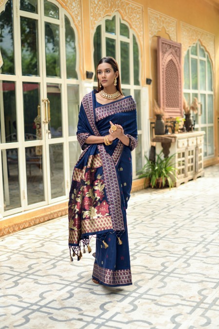 Navy Blue Cotton Silk Sequence Work