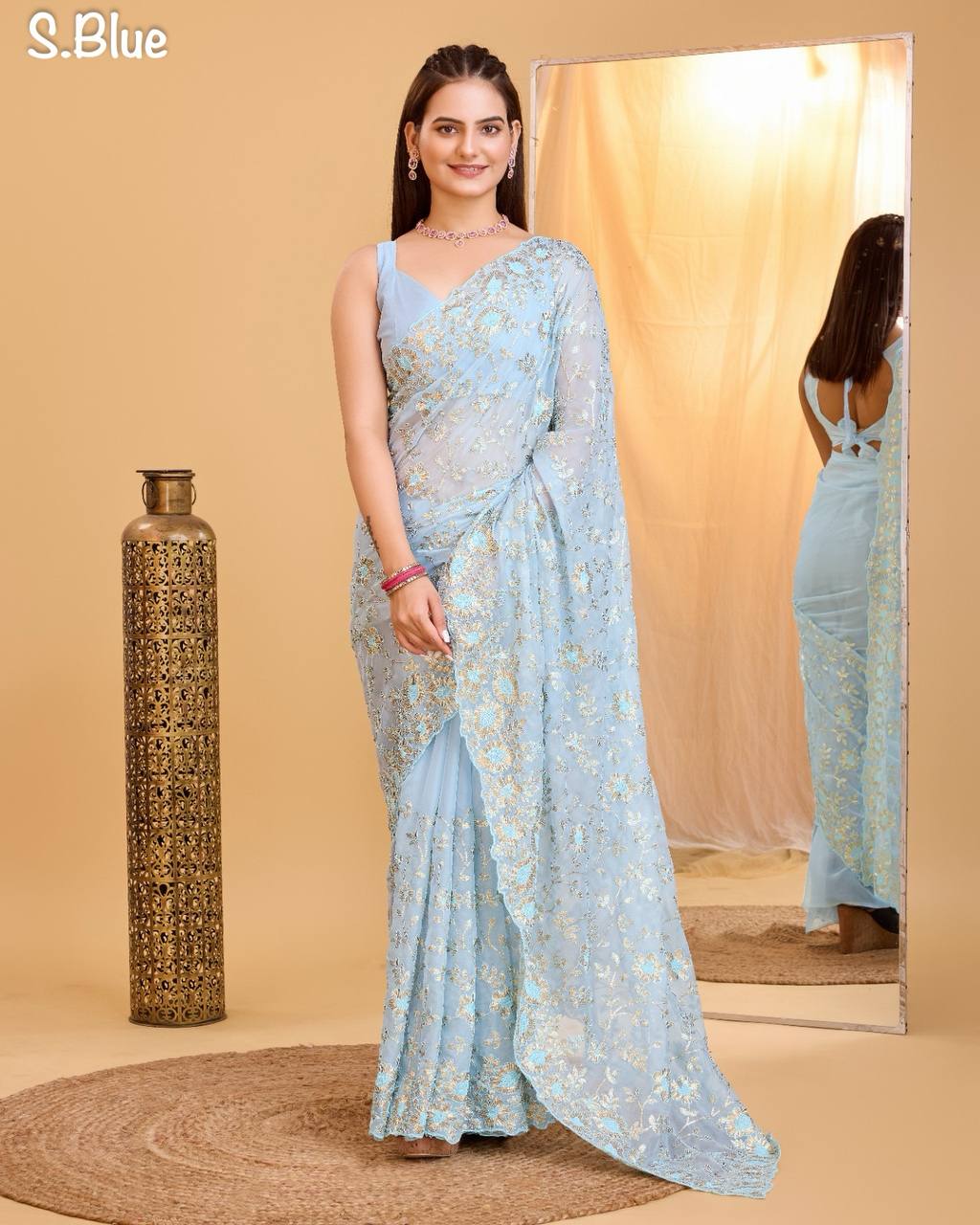 Sky Blue organza Sequence Work Saree