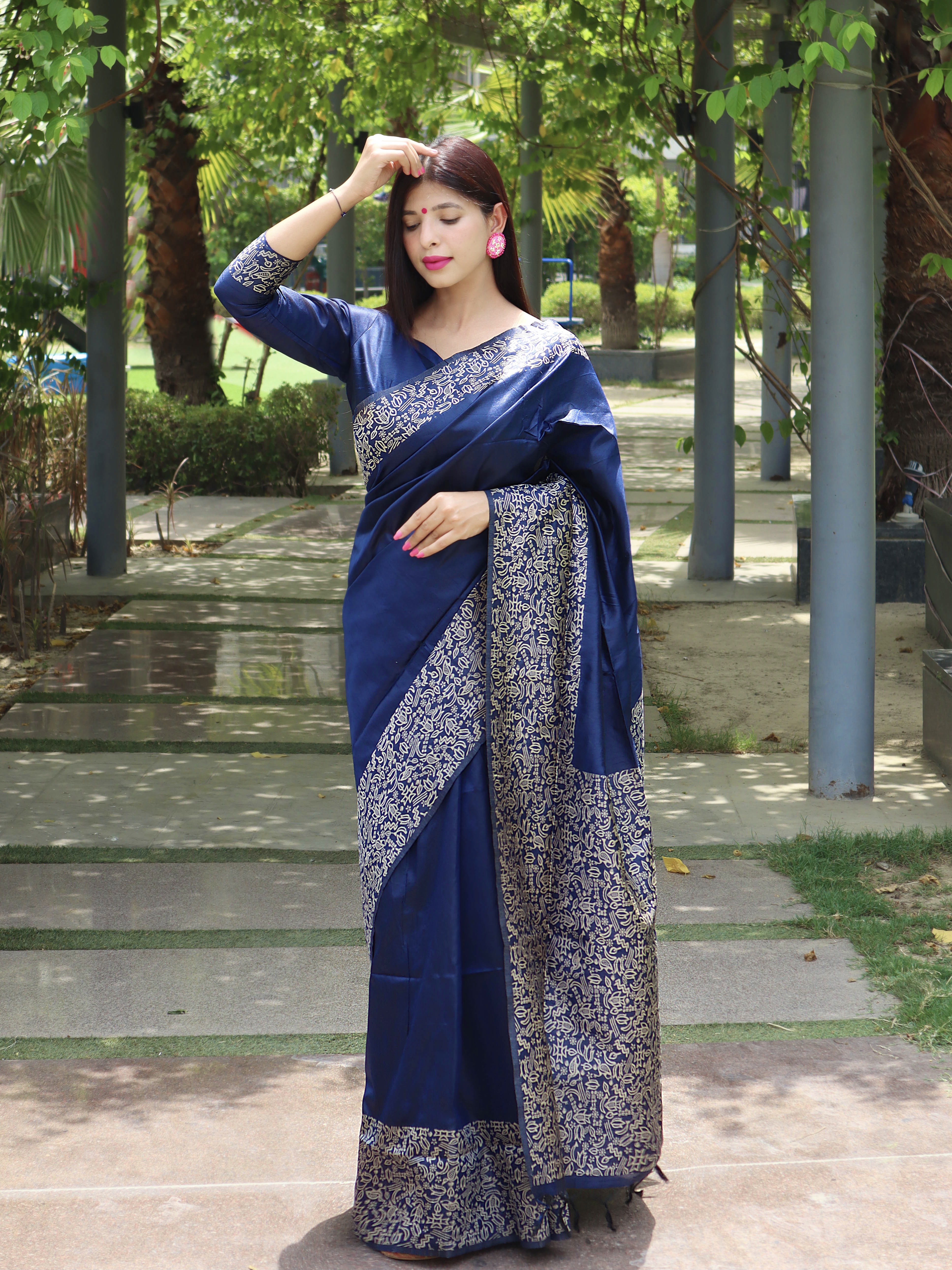 Navy Blue Handloom raw Silk Saree