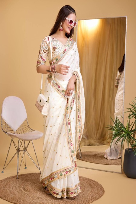 White Color Organza Silk Sequence Work Saree