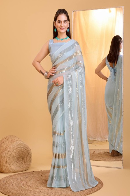 Gray Color Georgette  Sequence Work Saree