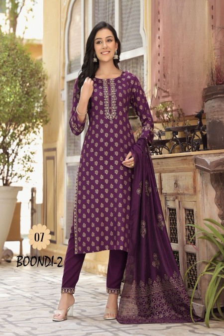 Purple Straight  Cut Handwork Neck Kurti