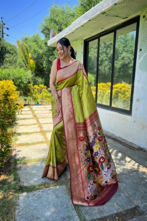 Pista Green Color Paithani Silk Saree