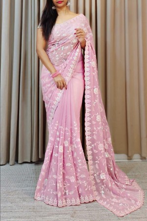 Pink Color Sequence Work Saree