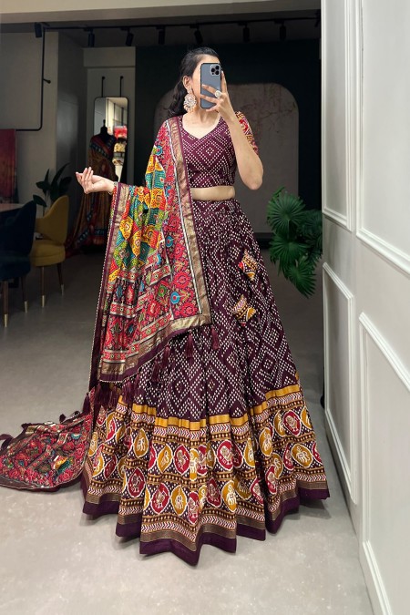 Wine Color Patola Print Lahenga Choli Set