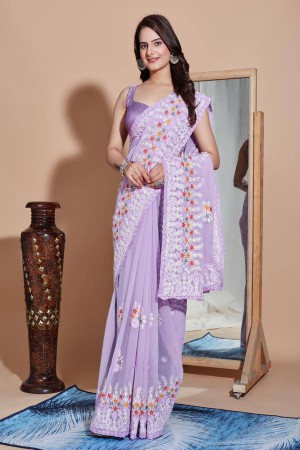 Violet Soft Georgette Embroidery Work Saree