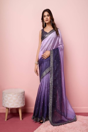 Violet Color Embroidery Work Saree