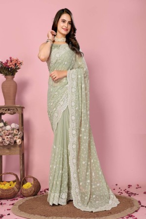 Green Soft Georgette Sequence Work Saree