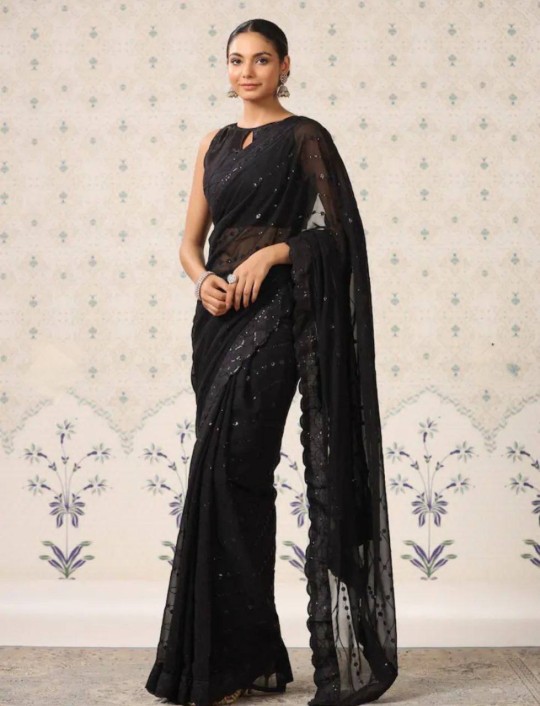 Black Color Georgette Embroidery Work Saree