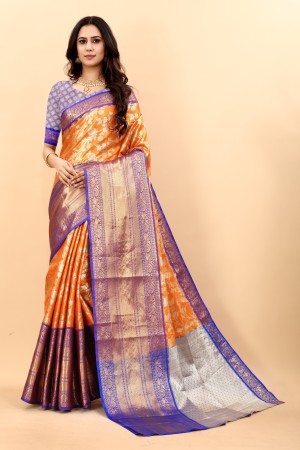 Orange Color Kanjivaram Silk Saree With Big Broder