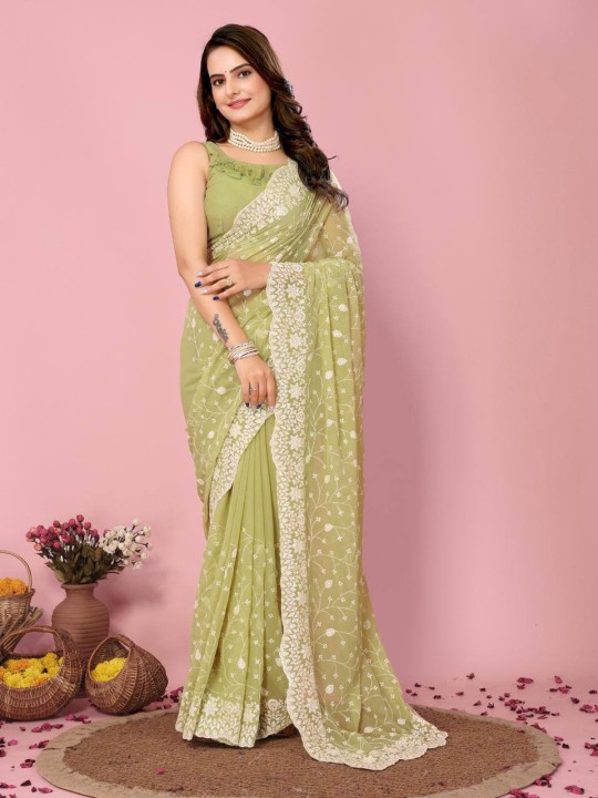 Green  Color Embroidery Work Saree