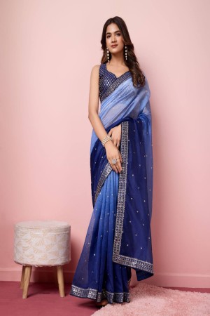 Navy Blue Color Padding Embroidery Work Saree