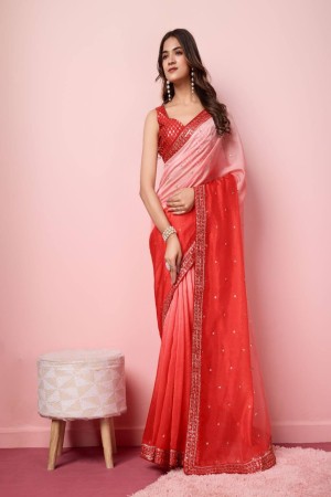 Peach Color Soft Padding Embroidery Work Saree