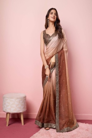 Brown Color Padding Embroidery Work Saree