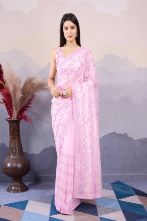 Peach color Twill net Soft Net embroidery work saree