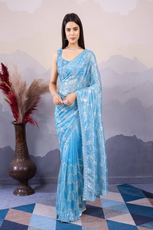 Sky Blue Soft Net Embroidery Work Saree