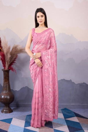 pink soft net embroidery Work saree