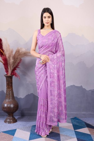 purple color Soft Net Embroidery Work saree