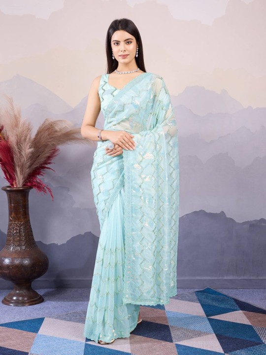 Soft net Embroidery Work Sarees