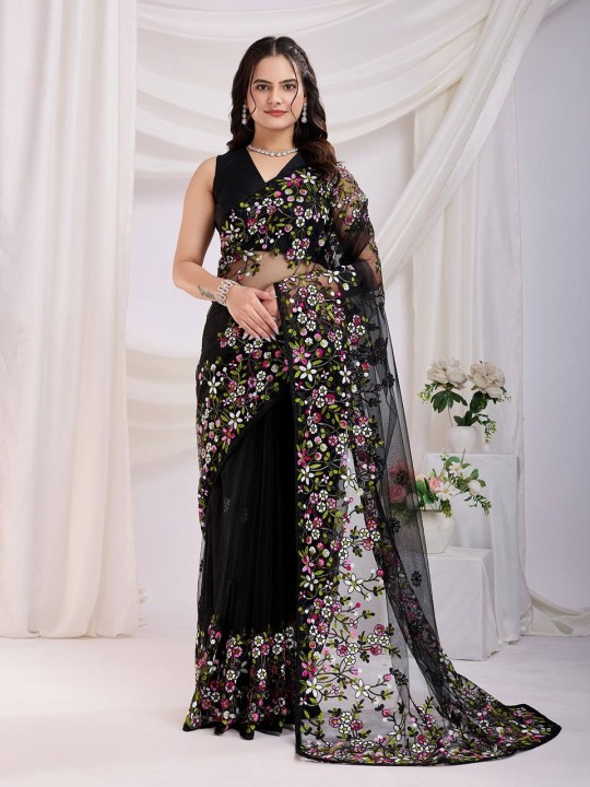 Black color Soft Net Embroidery Work Saree